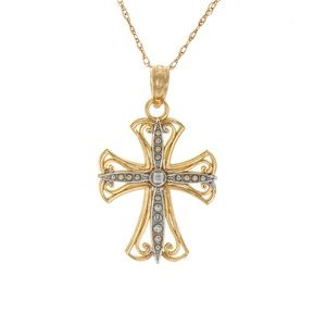 14k Two-tone Gold Religious White Cross Yellow Frame Necklace Charm w Chain